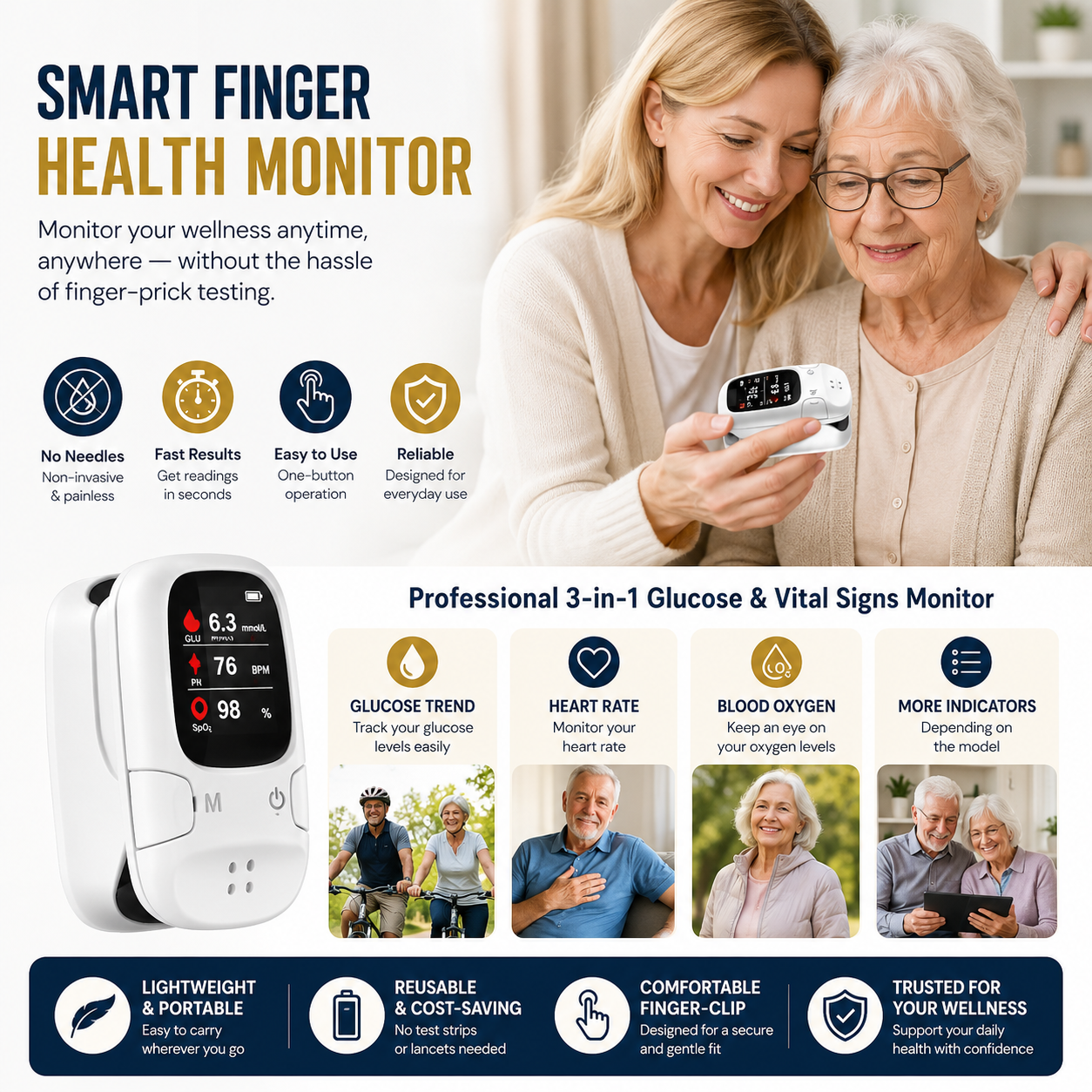 Smart Finger Health Monitor – Glucose Trend & Vital Signs Tracker