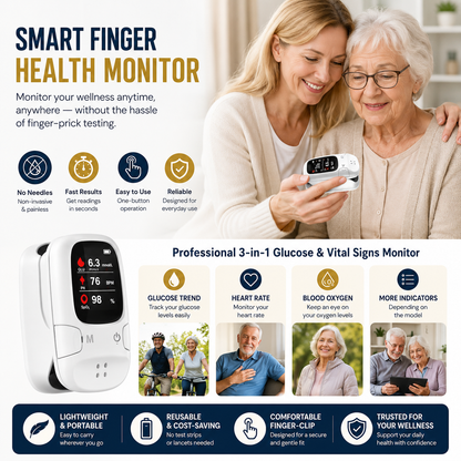 Smart Finger Health Monitor – Glucose Trend & Vital Signs Tracker